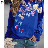 Yidouxian Autumn Women New Butterfly Floral Printed Sweatshirt Ladies O Neck Long Sleeve Casual Loose Hoodie Streetwear Pullover Tops