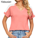 Yidouxian Fashion Short Sleeve Shoulder Color Blocking T-Shirt Female 2023 Summer Casual Streetwear V Neck Cotton Tees Women's Tops