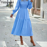 Yidouxian 2023 New Women Fashion Swing Dress For Ladies O Neck Puff Sleeve Solid Color High Waist Temperament Casual Midi Dresses