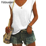 Yidouxian Women's Vintage Simple Loose Tops 2023 Summer Solid Color V-Neck Cap Sleeve T-Shirt Female Street Casual Commuter Pullover Tees