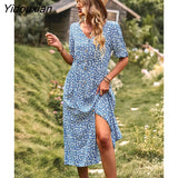 Yidouxian Printing A Line Floral Women Dress 2023 New Spring Summer V Neck Short Sleeve Single Breasted High Waist Dresses
