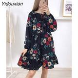 Yidouxian Elegant Autumn Winter Ruffles Print Dress Women O-neck Full Sleeve High Waist Floral Dress Female Black