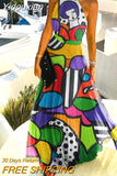 Yidouxian Women Sleeveless Pleated Maxi Dresses Summer Halter O Neck Long Dress Boho Printed Beach Sundress Party Dress Robe De Plage