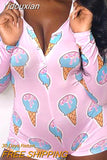 Yidouxian 2023 Light Pink Cute Ice-cream Print Short Jumpsuit Women Onesies Pajamas Deep V-neck Sexy Sleepwear Button Adjult Playsuit