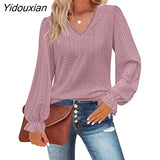 Yidouxian Autumn Winter Hollow Style Women's Top Casual Pleated Long Sleeved V-Neck T-Shirt Pullover Fashion New Design Shirt