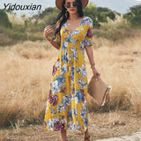 Yidouxian Spring Summer Long Floral Bandage Dress Women Sexy V Neck Slim High Waist Ladies A Line Print Maxi Dresses