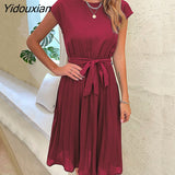 Yidouxian 2023 New Summer Holiday Women's O Neck Short Sleeve Solid Color Pleadted Chic Pleated Dress