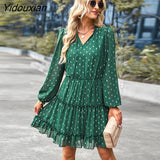 Yidouxian Printed Short Dress 2023 New Women Autumn Winter V Neck Long Sleeve Lace Up All Match A Line Dress