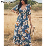 Yidouxian Spring Summer Long Floral Bandage Dress Women Sexy V Neck Slim High Waist Ladies A Line Print Maxi Dresses