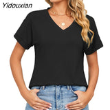 Yidouxian Fashion Short Sleeve Shoulder Color Blocking T-Shirt Female 2023 Summer Casual Streetwear V Neck Cotton Tees Women's Tops