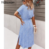 Yidouxian Spring Summer Ladies Bandage Dress Women Medium Long Sleeve Button Floral Print Holiday Style Chic Dress Female