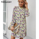 Yidouxian Spring Summer Loose Floral Short Dress For Women Casual Ruffles Half High Collar Ladies A Line Oversize Print Dress