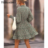 Yidouxian 2023 New Women Autumn Elegant Long Sleeve Neck Waist Floral Dress For Ladies Lace Up Puff Sleeve High Waist Printed Dresses