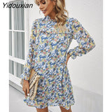 Yidouxian Spring Summer Loose Floral Short Dress For Women Casual Ruffles Half High Collar Ladies A Line Oversize Print Dress