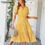 Yidouxian Spring Summer Long Print Dress Women 2023 New Casual Short Sleeve V Neck Single Breasted Temperament Leisure Dresses