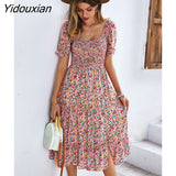 Yidouxian Spring Summer Long Print Dress Women Bohemian Short Sleeve High Waist Flroal Dresses For Ladies Leisure