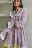 Yidouxian Fashion Loose Gray Dresses For Women Casual Doll Collar Long Sleeve Mini Dress Elegant Lace-up Patchwork Female Dress