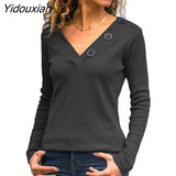 Yidouxian Elegant Knitted Loose T-shirt V Neck Button Splicing Long Sleeves Tops Women Casual Commuter Cotton Solid Color Clothing