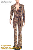 Yidouxian 2023 Female Fashion Streetwear Leopard Print V-neck Long Sleeve Skinny Jumpsuits With Belt Hot Party Autumn Bodycon Rompers