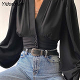 Yidouxian Spring New Lantern Sleeve Tops Women Splicing Solid Color Button V-Neck Shirt Cardigan Slim Fit Female Casual Office Blouse