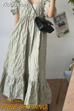 Yidouxian Summer Puff Sleeve Women Ruffes Dress Ladies Womens Cotton Pullover Long Dresses New Fashion Casual Loose Pleated Dress
