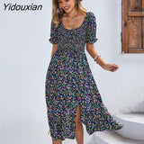 Yidouxian Spring Summer Long Print Dress Women Bohemian Short Sleeve High Waist Flroal Dresses For Ladies Leisure