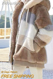 Yidouxian and America 2023 Autumn and Winter Warm Plush Panel Zipper Pocket Hooded Loose Coat Women