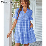 Yidouxian New Spring Summer Loose Short Plaid Dress Women Casual Button V-neck Temperament Patchwork Short Sleeve Mini Dress