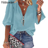 Yidouxian Spring Summer New Solid Color Half Sleeve Zipper V-Neck Blouses Women's Office Lady Casual Loose Shirt Women's Tops Blusas