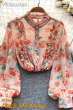 Yidouxian Elegant Chic Ruffles Floral Print Chiffon O-neck Women's Spring Summer Blouse Shirts Lantern Sleeve Pullover Blouses 2023