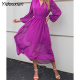 Yidouxian Women Fall V Neck Solid Color Long Sleeve High Waist Purple Tie Dress For Ladies Fashion All Match