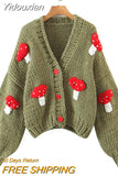 Yidouxian Autumn Winter Sweet Cute Handmade Mushroom Sweater Women Loose V-Neck Casual Short Knit Cardigan Jacket Female Coat