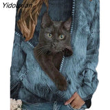 Yidouxian Loose Top 2023 Spring Autumn Zipper Cartoon Cat Print Casual O-Neck Long-Sleeve T-Shirt Vintage Street Clothes