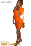 Yidouxian 2023 New Fall Dresses For Women Orange Front Zippers Sheath Mini Party Dress Solid Long Sleeve Sexy Club Bodycon Outfits