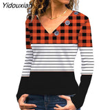 Yidouxian Elegant Knitted Loose T-shirt V Neck Button Splicing Long Sleeves Tops Women Casual Commuter Cotton Solid Color Clothing