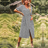 Yidouxian Printing A Line Floral Women Dress 2023 New Spring Summer V Neck Short Sleeve Single Breasted High Waist Dresses