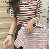 Yidouxian Women O-neck Soft Stretchy Summer Slim Vintage Casual Feminine Knitting Harajuku Street Style BF Popular Aesthetic Chic