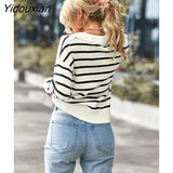 Yidouxian Winter 2023 New Women V Neck Long Sleeve Striped Loose Sweater For Ladies Soft Comfortable Thermal Knitted Top