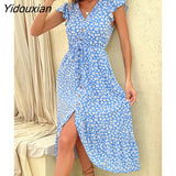 Yidouxian 2023 New Women Fashion Irregular Print Dress For Ladies V Neck Flying Sleeve High Waist Floral Dresses