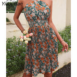 Yidouxian 2023 New Summer Women Halter Neck Pleated Sleeveless Necklace Floral High Waist Green Backless Lace Up Dress