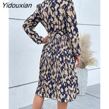 Yidouxian 2023 New Fashion Women's Spring Pleated Print V Neck Long Sleeve Dress For Ladies Lace Up High Waist Dresses