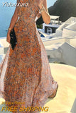 Yidouxian Women Sleeveless Pleated Maxi Dresses Summer Halter O Neck Long Dress Boho Printed Beach Sundress Party Dress Robe De Plage