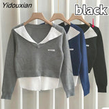 Yidouxian 2 Piece Knitted Sweatshirts Women Cropped Y2k Clothes Sexy All-match Ulzzang Stylish Retro Hipster Design Tender Aesthetic