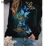 Yidouxian Autumn Women New Butterfly Floral Printed Sweatshirt Ladies O Neck Long Sleeve Casual Loose Hoodie Streetwear Pullover Tops