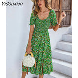 Yidouxian Spring Summer Long Print Dress Women Bohemian Short Sleeve High Waist Flroal Dresses For Ladies Leisure