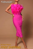 Yidouxian Fashion Women Sexy Strapless Backless Brown Hot Pink Feather Bodycon Bandage Dress 2023 Elegant Evening Club Party Dress