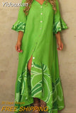 Yidouxian Lantern Sleeve Sundress Women Dress Fashion Lapel Neck Boho Printing Shirt Dress Single Breasted Maxi Dress Robe Femme