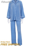 Yidouxian Causal Loose Home Suit Autumn Long Sleeve Blouse With High Wasit Pants Set Women Elegant Pleated Beige 2 Piece Pant Sets