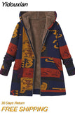 Yidouxian Women's long sleeved zippered hooded plush cotton jacket with retro printed color block patchwork jacket