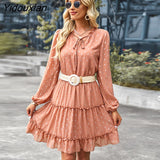 Yidouxian Printed Short Dress 2023 New Women Autumn Winter V Neck Long Sleeve Lace Up All Match A Line Dress